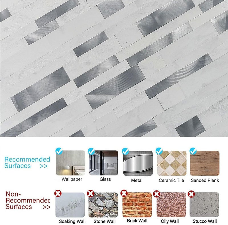 weimeisc 10 Sheets Peel and Stick Backsplash Tile for Kitchen, Self-Adhesive Mosaic Tile, Stick on Bathroom Vanities，Fireplace Décor, Laundry Table(11.25" X 12.7") (White + Silver) - Image 2